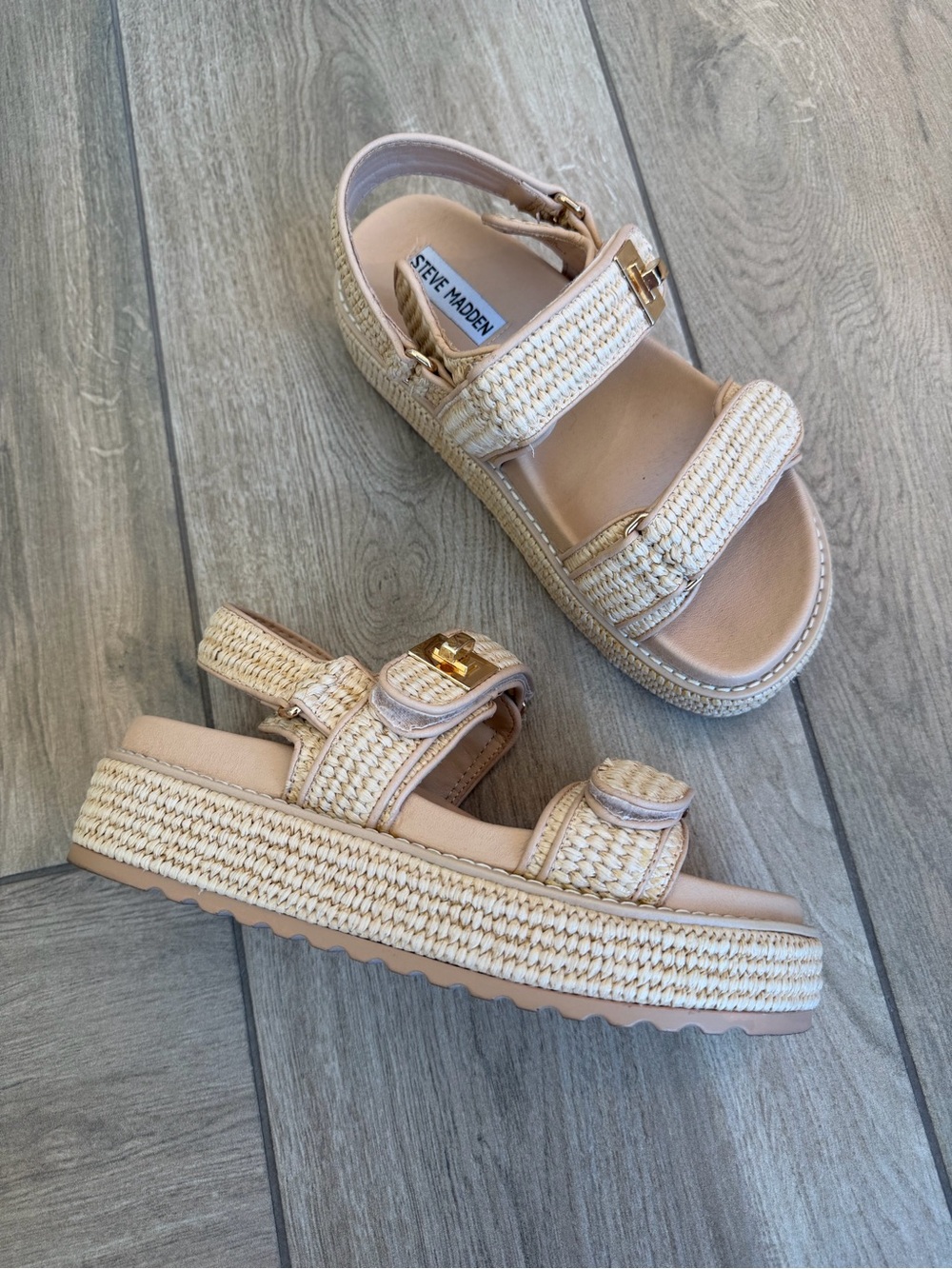 Steve Madden Bigmona Natural Raffia Platform Sandals with Gold Accents